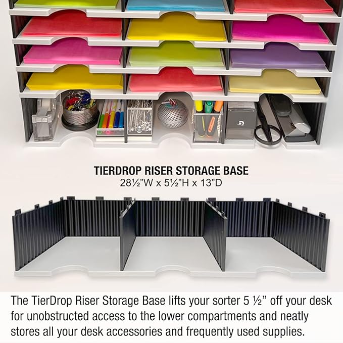 Ultimate Office Desktop Organizer 12 Letter Tray Sorter PLUS Riser Storage Base for Easy Access to Lower Slots, Desk Accessories & Supplies. Optional File Topper & Drawers