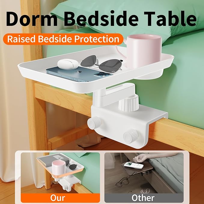 360° Rotating Bed Side Shelf - Sturdy 50lb Clip-On Bedside Tray for Dorm Bed, Bunk Beds & Small Spaces, Space-Saving Nightstand Organizer,College Dorm Room Essentials,Easy to disassemble