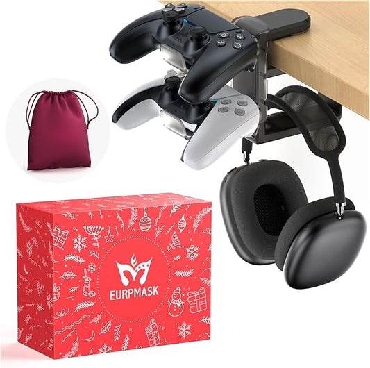 3in1 Rotating Headphone Holder - EURPMASK 3in1 PC Gaming Headset Holder w/Detachable Controller Holder, Adjustable Clamp-on Headset Stand,Headphone Hanger Hook Under Desk w/Cable Clip Organizer,Black