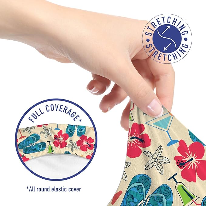 Ambesonne Flip Flop Office Chair Slipcover, Exotic Summers Hibiscus Flower Starfishes Martini Cocktail and Beach Sandals, Protective Stretch Decorative Fabric Cover, Standard Size, Blue Red