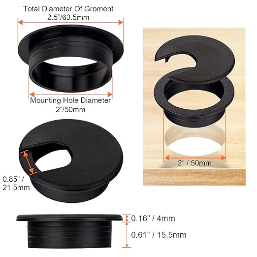 20 Pack 2 Inch/50mm Round Plastic Desk Grommets, Black Wire Organizer Caps, PC Computer Port Cable Hole Cover Plug Bushings, Perfect for Office Desk, TV Stands, Tabletops