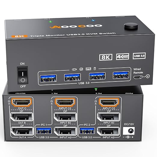 8K@60Hz HDMI Displayport KVM Switch 3 Monitor 2 Computer 4K@144Hz Triple Monitor KVM Switches with USB 3.0 Port,Wired Remote,Power Adapter and USB3.0 Cables(6.6 cm 2 PC 3 Monitor 8K KVM)