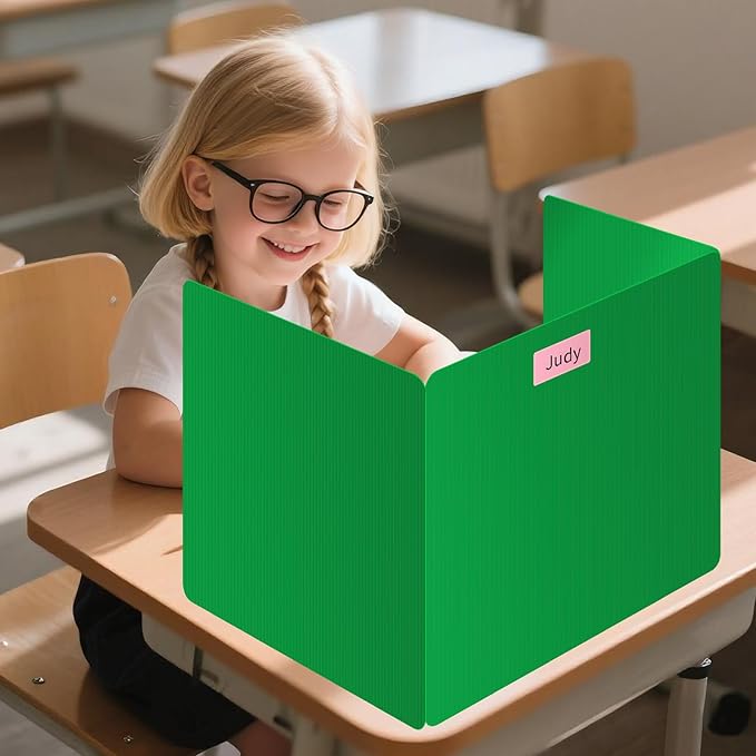 2 Pack Green Desk Dividers for Students, Privacy Shields Folder for Students, Durable & Waterproof Plastic Study Board, Classroom Teacher Supplies Test Divider, Includes Extra Labels