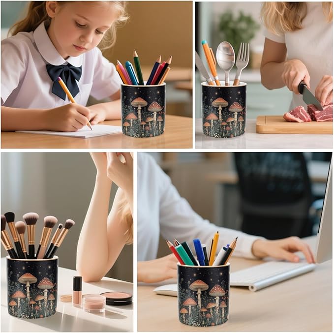 WAVEYU Cute Pen Pencil Holder for Desk, Durable Ceramic Organizer Decor for Room, Office, Classroom, Mushroom Pattern