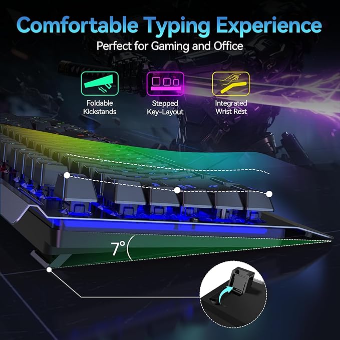TECKNET Wireless Gaming Keyboard, 2-in-1 (2.4G Wireless & Wired) Computer Keyboard, 15-Zone RGB Keyboard, 4000mAh Rechargeable Battery, Metal Panel, PC Gaming Keyboards (Whisper Quiet Gaming Switch)