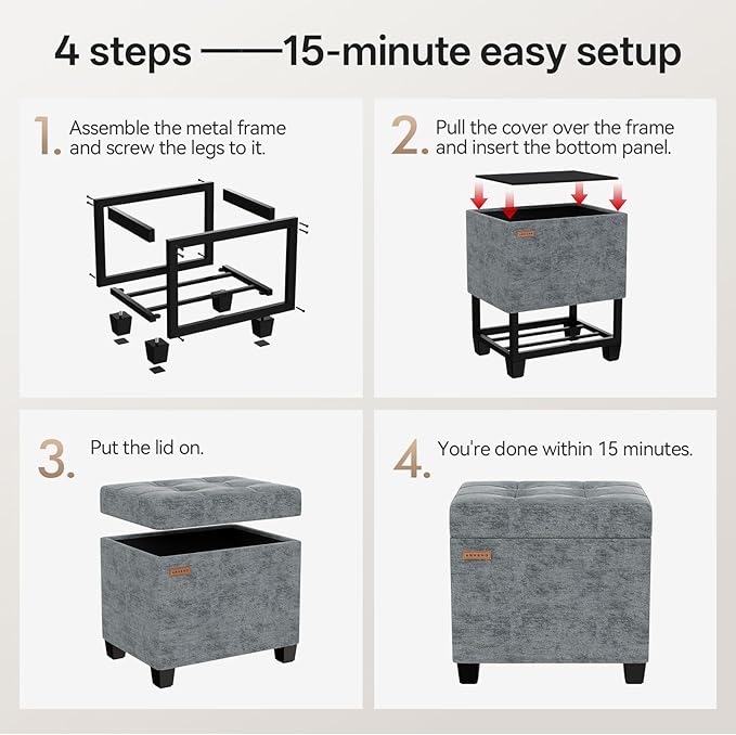 ABHENG Chenille Metal Framed Storage Ottoman,12.2" D x 16.1" W x 17.7" H Tufted Upholstered Ottoman with Storage,Foot Rest Stool with Legs,Holds 770 LB for Dorm Living Room Bedroom Gray UASND70G