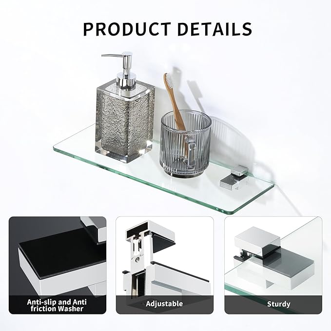 2 Pack Glass Shelf Bracket Adjustable, Wall Mounted Zinc Alloy Glass Clamp Holder for 5-15mm Glass Wood Shelves, Wall Mount Clamps Clip Support Hardware Replacement Parts Shower Brackets (Specularity)