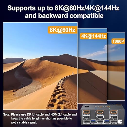 8K@60Hz HDMI Displayport KVM Switch 3 Monitor 2 Computer 4K@144Hz Triple Monitor KVM Switches with USB 3.0 Port,Wired Remote,Power Adapter and USB3.0 Cables(6.6 cm 2 PC 3 Monitor 8K KVM)