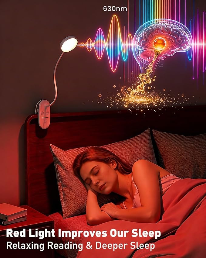 Red Light for Sleep Book Lights for Reading at Night, 630nm Eye Care Headboard Clip on Lamp, Rechargeable Bed Lights for Reading, Bendy Desk Clamp Light for Kid Adult, 2 Color