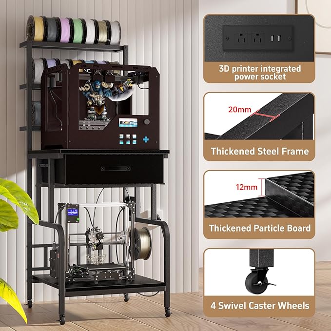 3D Printer Stand with Filament Storage,3D Printer Rack with Storage Drawer，Heavy-Duty 3D Printers Table with Power Outlet，for ABS/PLA/TPU Spools, Home Office Studi