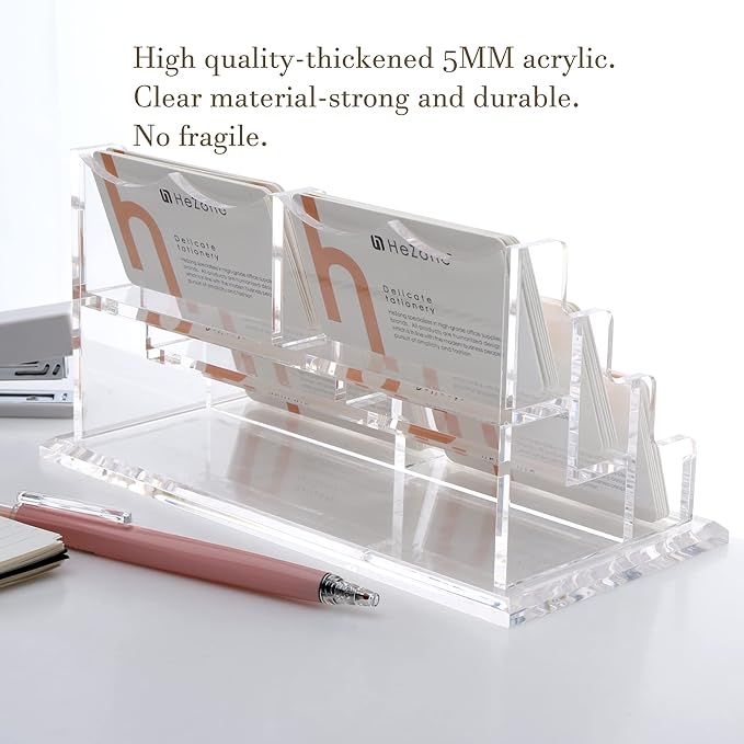 HeZone Business Cards Holder Display for Desk, Clear Acrylic Multiple 3 Tier 6 Slot Business Card Stand, Holds 300 Cards-1 Pack (6 Slots-H)
