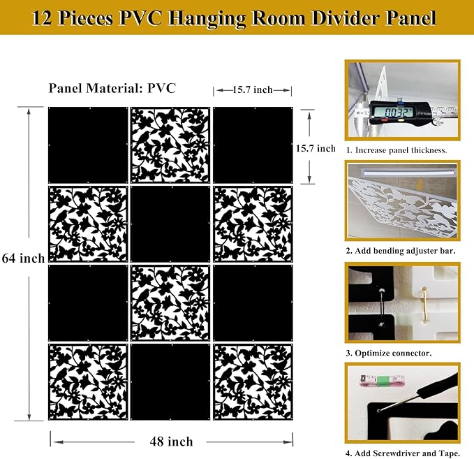 Lchen Hanging Wall Divider,12pcs PVC Room Partition Screen Panel with Butterfly Flower Bird for Home,Office,Hotel,Bar Decoration(black02)