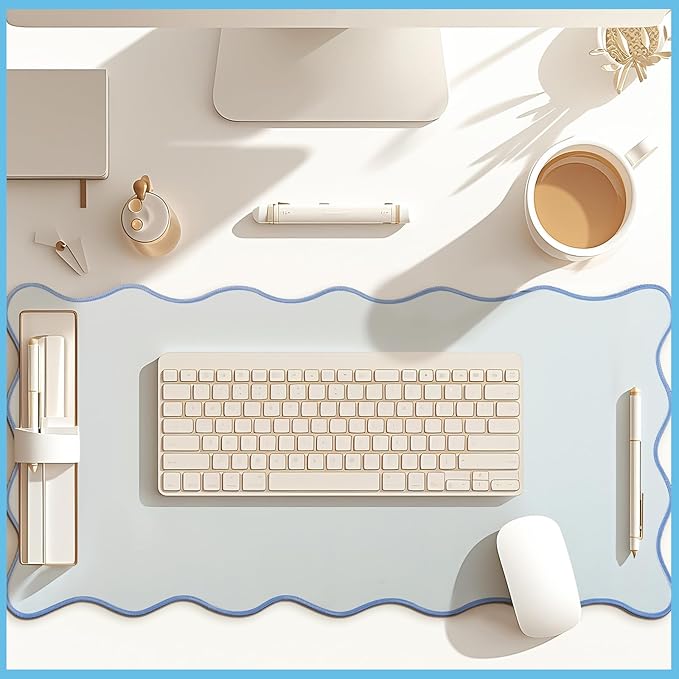 Hahafelt Scalloped Desk Mat Large Scalloped Piping Cute Desk Mat Aesthetic Preppy Table Pad Large Nonslip Pad with Edge Stitching Waterproof Gaming(Blue,31.5 x 15.8 Inches)
