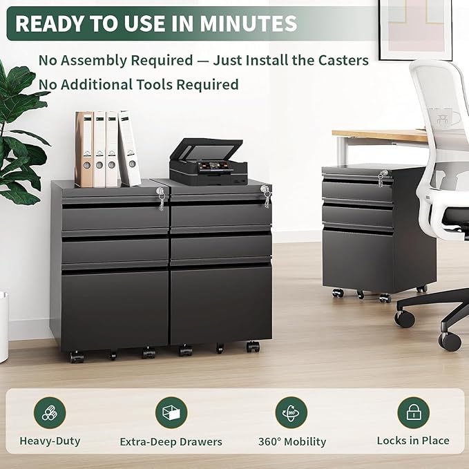 3 Drawer File Cabinet with Lock, Mobile Metal Filing Cabinet for Letter/Legal/A4 Size, Under Desk Rolling Office Storage Cabinet, Fully Assembled Except Casters, Black