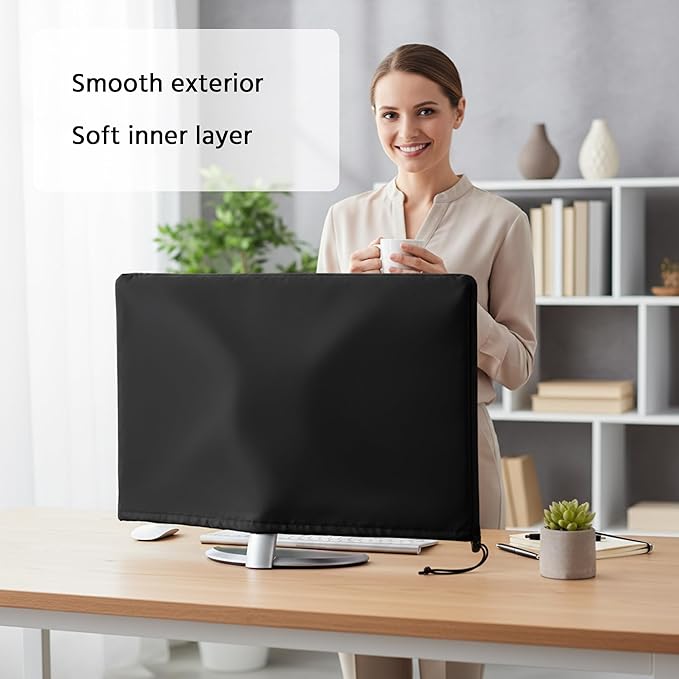 Monitor Dust Cover Heavy Duty Anti-tear Full Body Protective Case Universal for 20-22" Computer LED LCD Screen Wih Adjustable Bottom Tight Rope Black -21Wx14Hx2.3D in