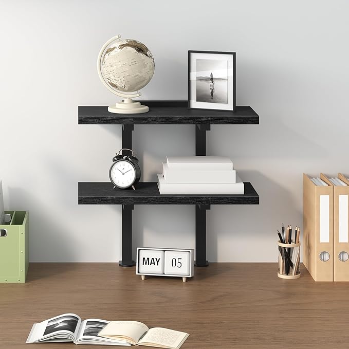 MAHANCRIS Clamp On Desk Organizer, 2-Tier Desktop Bookshelf, Adjustable Desk Storage Shelf, Metal Frame, for Office, Study and Game Room, Black DSBK3501