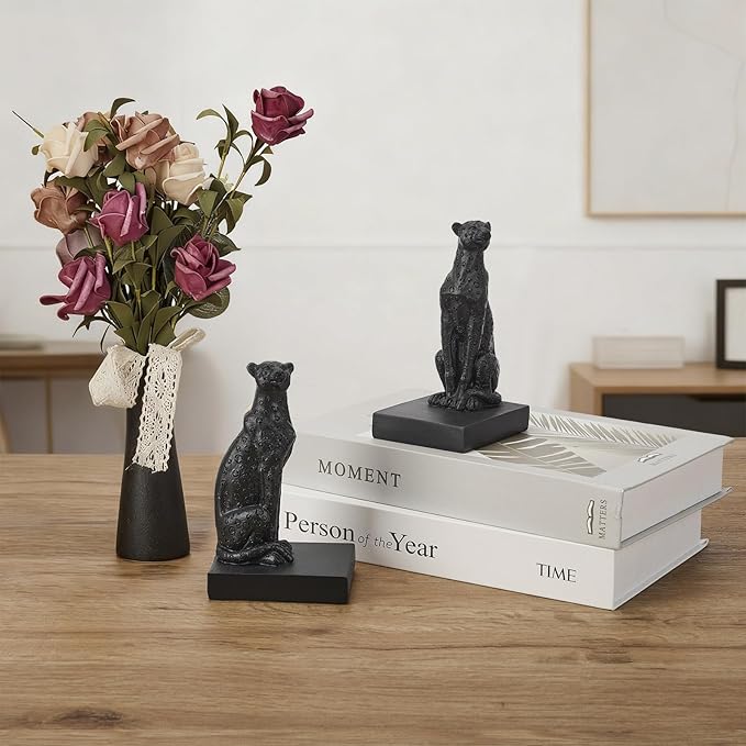 Black Cheetah Bookends, Book Ends for Shelves to Hold Books Heavy Duty, Creative Resin Book Stoppers for Home Farmhouse Shelves Office Lover Gift