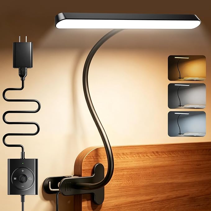 Glocusent 7W Horizontal Clip on Light, 57LED Eye Caring Reading Light, 5 Brightness & 3 Colors with Amber Mode for Bedside Reading, 2.75" Clamp & 30Min Timer, USB Powered Clip on Lamp for Work, Craft