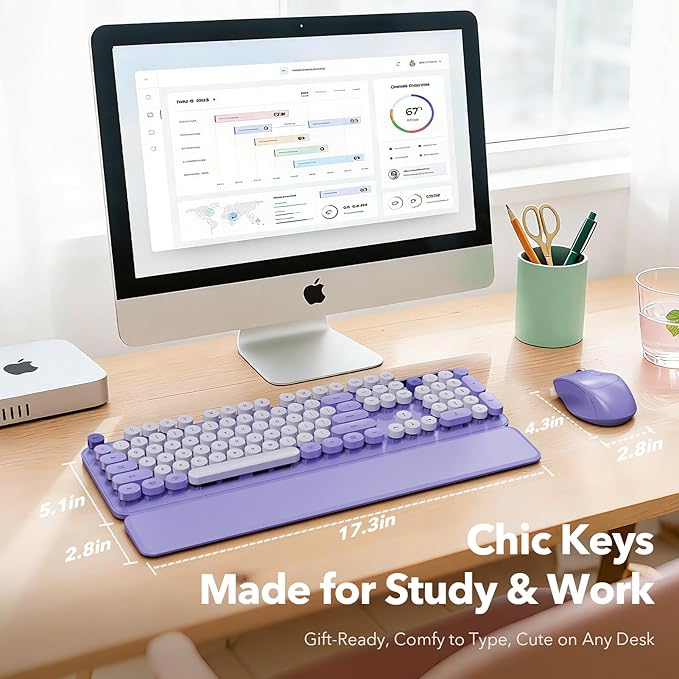Wireless Keyboard and Mouse Combo with Detachable Magnetic Wrist Rest, Retro Typewriter-Style Keyboard, Round Keycaps, 3-Level DPI Ergonomic Mouse, 2.4GHz for Windows PC/Laptop (Lilac Purple)