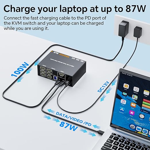 KVM Switch 3 Monitors 1 Laptop & 1 Desktop, Reyoten 4K HDMI USB Switch,3 Monitors for Laptop with 3 USB 3.0 Ports, 4K Hub for 2 PCs to Share Monitor, Keyboard, Mouse & Printer