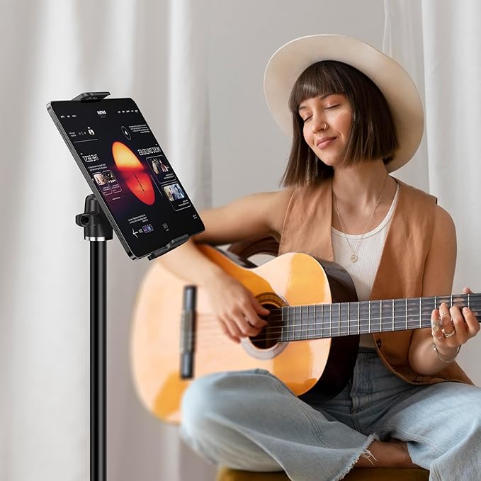 elitehood 12in Extra Long Arm iPad Mic Stand Mount, 360° Adjustable iPad Holder for Mic Stand, Tablet Holder for Microphone & Cymbal & Drum, Tablet Music Mount Fit 4.7-13in Devices