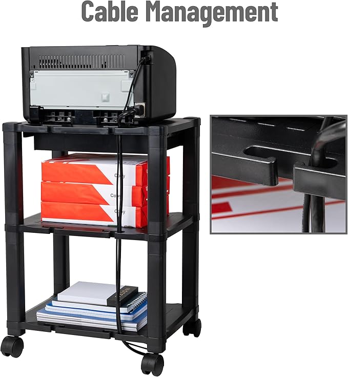 Mind Reader Compact Rolling Printer Cart, Utility Stand with Wheels and Drawer, Space Saving Printer Stand for Home Office, Adjustable 2 or 3 Tier, Black