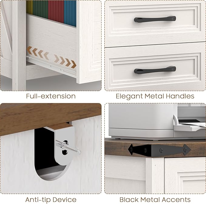 Vabches 3 Drawer Vertical File Cabinet, Wood Farmhouse Filing Cabinet Fits A4/Letter Size, Under Desk Small File Cabinets Printer Stand with Storage for Home Office, White and Brown