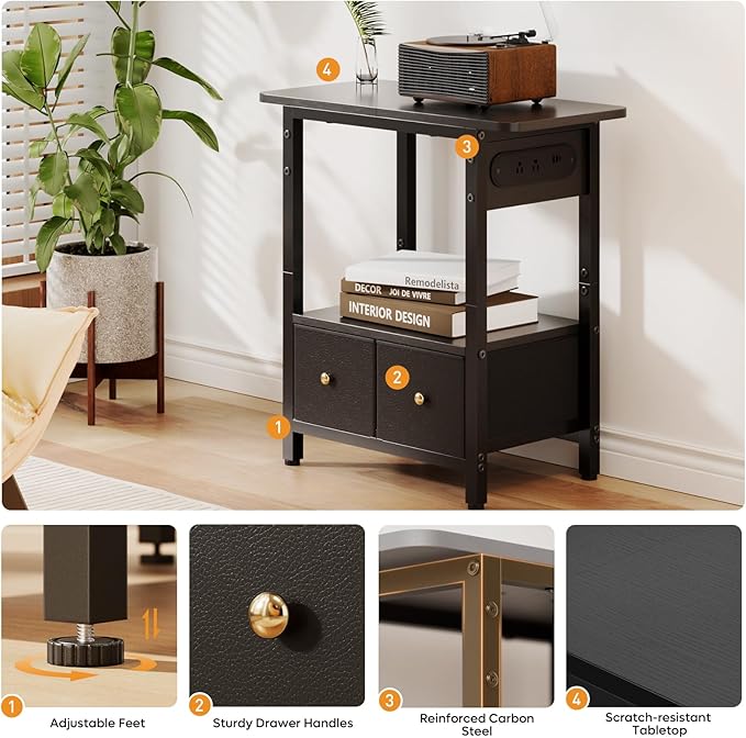 HLDIRECT Nightstand with Charging Station, Bedside Table with 2 Fabric Drawers and Large Storage Shelf for Small Space, End Table with Outlet and USB Ports for Living Room, Bedroom (Black)