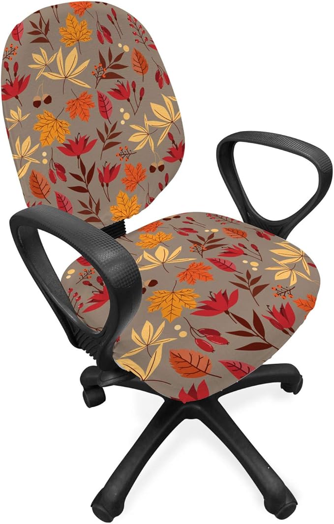 Ambesonne Burnt Orange Office Chair Slipcover, Cartoonish Autumn Leaves Acorns and Berries Seasonal Nature Foliage, Protective Stretch Decorative Fabric Cover, Standard Size, Umber Multicolor