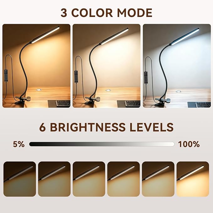 Clip On Desk Lamp, 5 W Rechargeable Reading Light, 400LM Book Light, 6 Level Brightness 3 Color Modes, Adjustable Neck Lamp for Desk, Bedside, Study