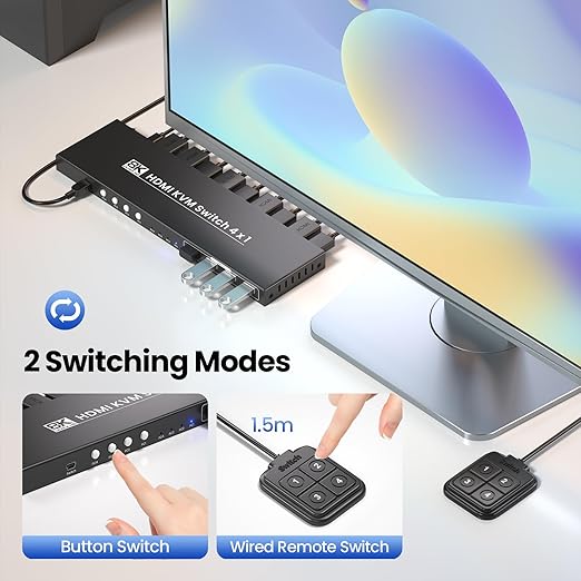 4 Port HDMI KVM Switch 1 Monitor 4 Computers, 8K60Hz 4K120Hz USB 3.0 KVM Switch, Control 4 PCs with 1 Monitor, Keyboard and Mouse