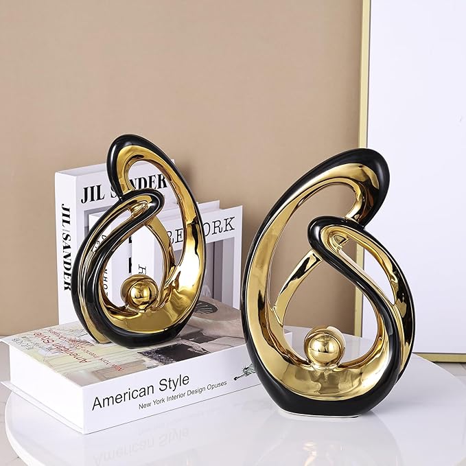 DOVDOV Abstract Ceramic Statue 2 Piece Home Decor Accessory Set, Mid-Century Modern Art Decor and Accessories, Black and Gold Living Room Coffee Table Dining Table Center Foyer Entry Table Decor.
