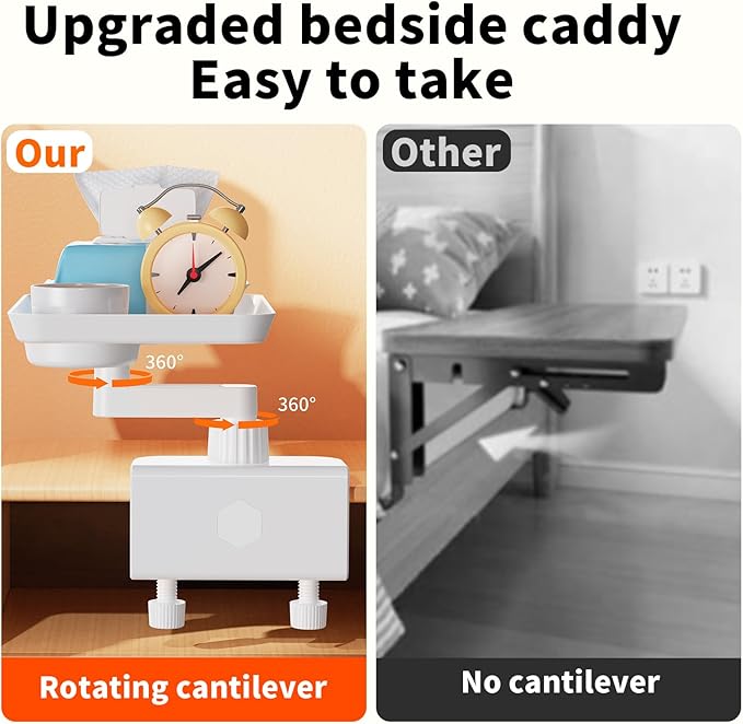 360° Rotating Bed Side Shelf - Sturdy 50lb Clip-On Bedside Tray for Dorm Bed, Bunk Beds & Small Spaces, Space-Saving Nightstand Organizer,College Dorm Room Essentials,Easy to disassemble