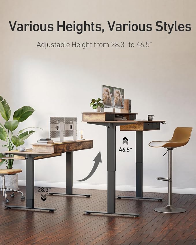 CubiCubi 48" x 24" Standing Desk with Drawers, Electric Height Adjustable Workstation, Computer Sit Stand Up Office Table with Large Storage Shelf, 4 Drawers and 2 Hooks, Vintage Brown