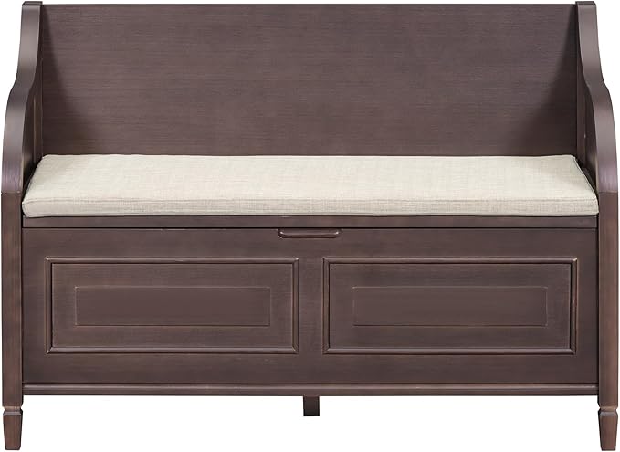 SOFTSEA 41.9" Storage Bench with Back, Entryway Shoe Bench with Cushion & Lift Top Storage, Rustic Shoe Storage Cabinet with Cushioned Seat for Entryway, Bedroom, Living Room (Espresso)
