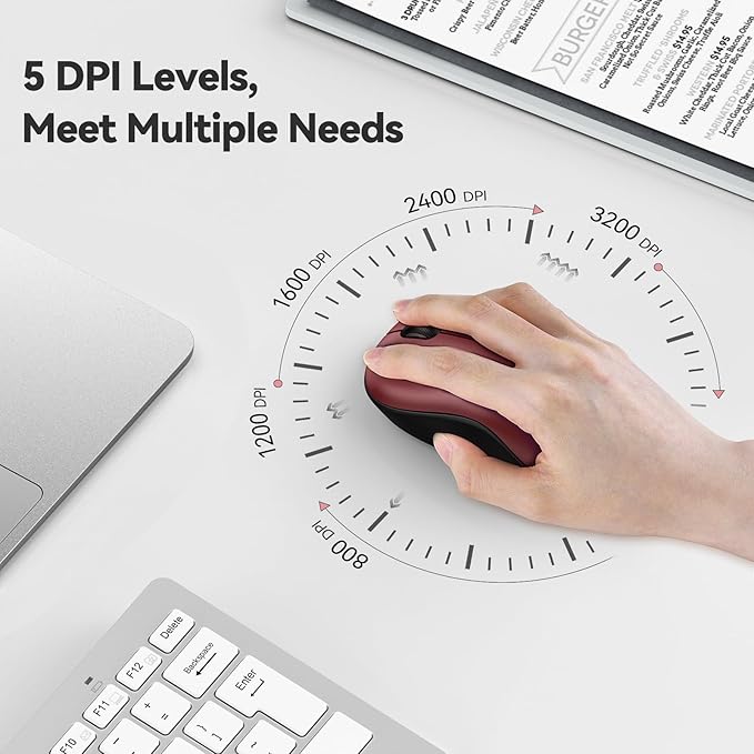 TECKNET Wireless Mouse for Laptop, 2.4G Silent Computer Mouse Quiet Click with 5 DPI Levels,Contoured Grip,Small Portable 30 Months Battery Cordless Mice for PC, Chromebook, Mac-Red