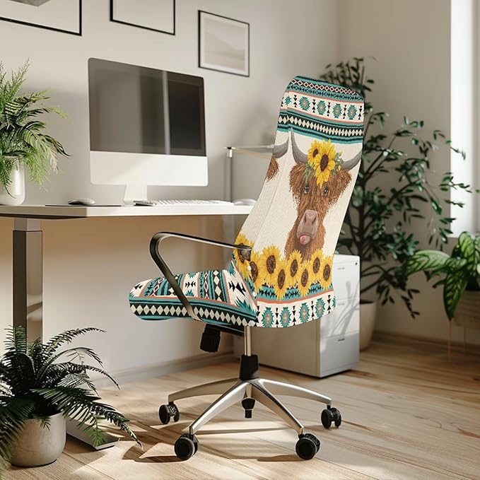 Talayituse Highland Cattle Aztec Tribe Geometric Sunflower Print Office Chair Covers, Stretch Computer Chair Cover, Universal Boss Chair Covers Modern Simplism Style High Back Chair Slipcover, Large