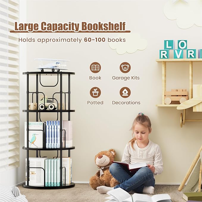 ALLSTAND Rotating Bookshelf, 3 Tier Round Revolving Bookcase with Special Visible Partition Storage, 360° Display Spinning Small Bookshelf Tower Book Shelf Organizer for Bedroom, Small Space, Black