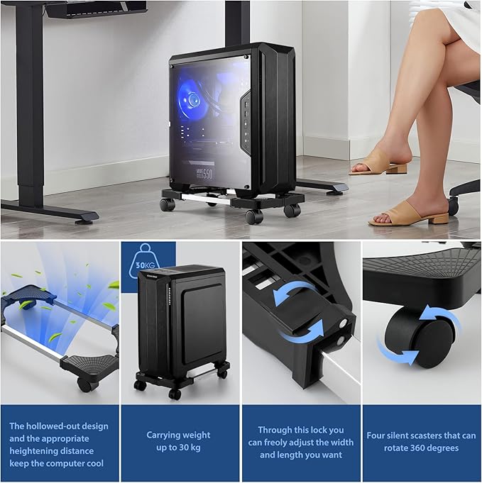 Computer Tower Stand,Hmseng Adjustable Mobile CPU Stand with 4 Rolling Caster Wheels, PC Tower Stand Fits Most PC Under Desk-Black