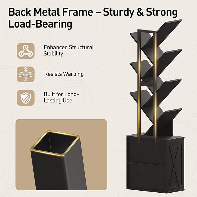 RALGEND Tree Bookshelf, 6 Tier Bookcase with 2 Storage Racks, Free Standing Wooden Bookcase, Floor Standing Book Shelf Organizer for Living Room, Bedroom, Study, Home Office, Black
