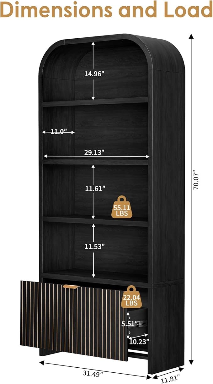 LEVNARY Arched Bookcase with Drawer, 70" Tall 5-Tier Bookshelf with Fluted Carved Drawer, Freestanding Display Storage Cabinet for Living Room Bedroom Home Office (Black)