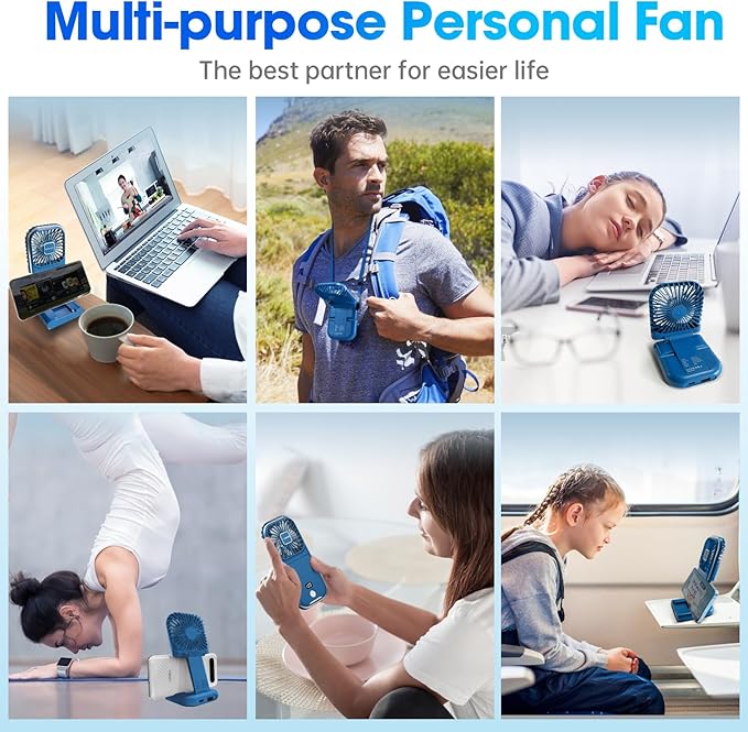 USB Rechargeable Upgraded 5-in-1 Portable Handheld Fan, Necklace Fan, Desk Fan, Foldable Phone Stand, 4 Speeds Airflow, Quiet Personal Fans with LED Digital Screen (Blue)