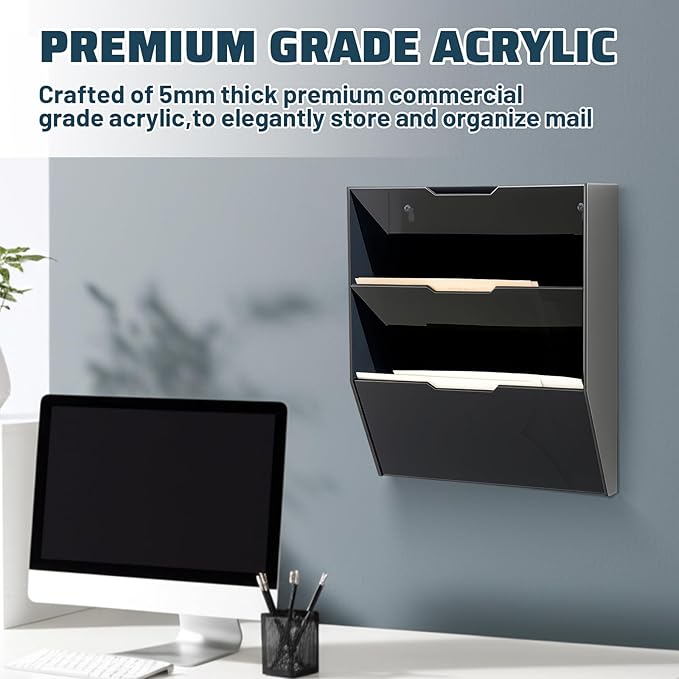 Chunful 3 Tier Mail Sorter Letter Wall Holder Black Acrylic Wall Mounted Mail Organizer Hanging File Envelope Pocket Plastic Mount Document Holder for Home Office Entryway
