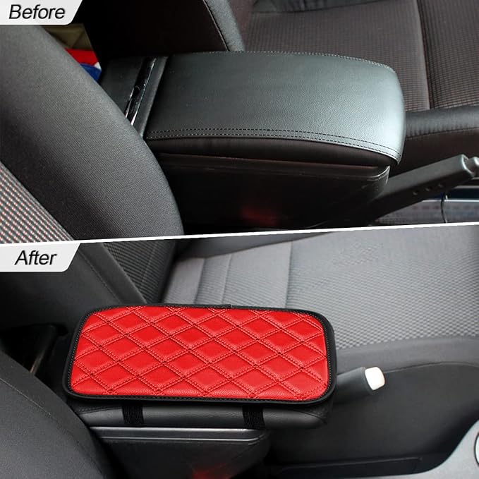 8sanlione Car Leather Center Console Cushion Pad, 11.4"x7.4" Waterproof Armrest Seat Box Cover Fit for Cars, Vehicles, SUVs, Comfort, Car Interior Protection Accessories (Rhombic Lattice Red)