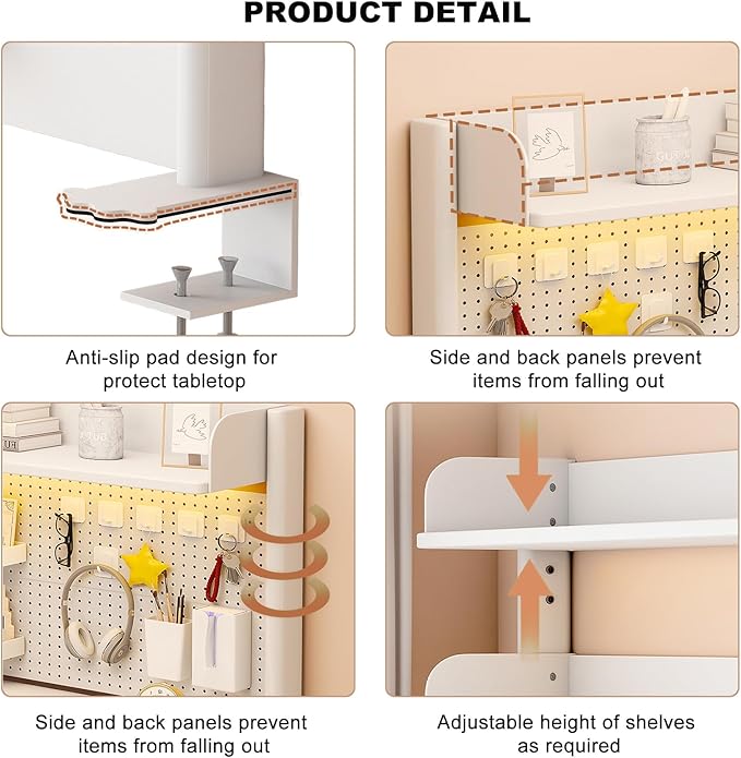 Clamp on Desk Shelf with Pegboard, Desktop Organization Bookshelf Storage Shelves for Home Office Dorm Gaming Desk, Space Saving Tabletop Display Rack