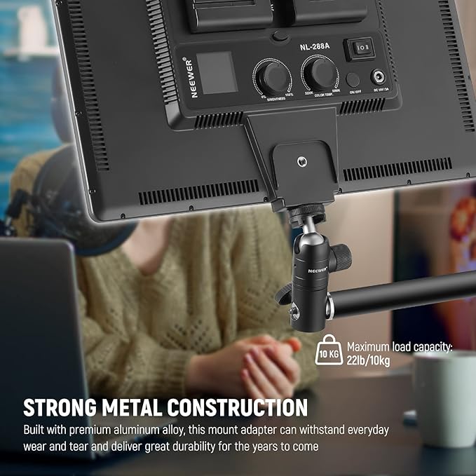 NEEWER Light Stand Mount Adapter with Cold Shoe and 1/4” Screw Mini Ball Head, Reversible Mounting Plate for Camera Monitor Ring Light, Fits Flat Head/Boom arm/C Stand, Max. Load 22lb/10kg