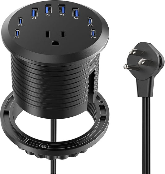 Jgstkcity 65W USB-C Hidden Desktop Power Grommet: 1 AC Outlet,8 USB Charging Ports,3'' Hole Flush Mount Pop-Up Power for Conference Tables & Nightstands (Black, 6 FT)