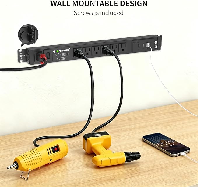 Surge Protector Power Strip, 6 Outlet Mountable PDU Power Strip with Switch, 65W Fast Charging 3 USB Ports, Heavy Duty Power Strip Surge Protector 1800J, 6 Feet Auto Lock Extension Cord, 15A/1875W