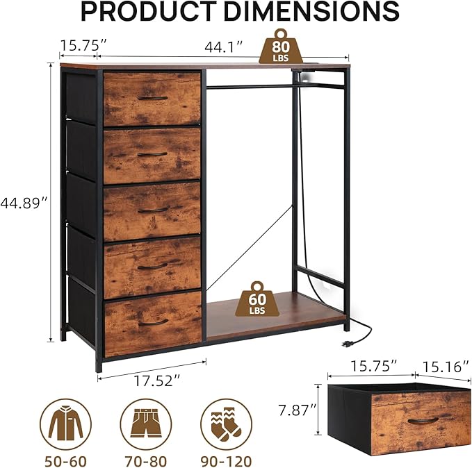 5 Drawer Fabric Dresser with Clothes/Hanging Rail/Rack Chest of Drawers with Charging Station Wardrobe/Closet Dresser for Bedroom, Brown