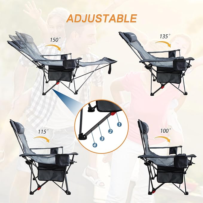 Reclining Camping Chair with Removable Footrest Lounge Chair with Headrest, Cotton Cushion, Portable Adjustable Folding Chairs